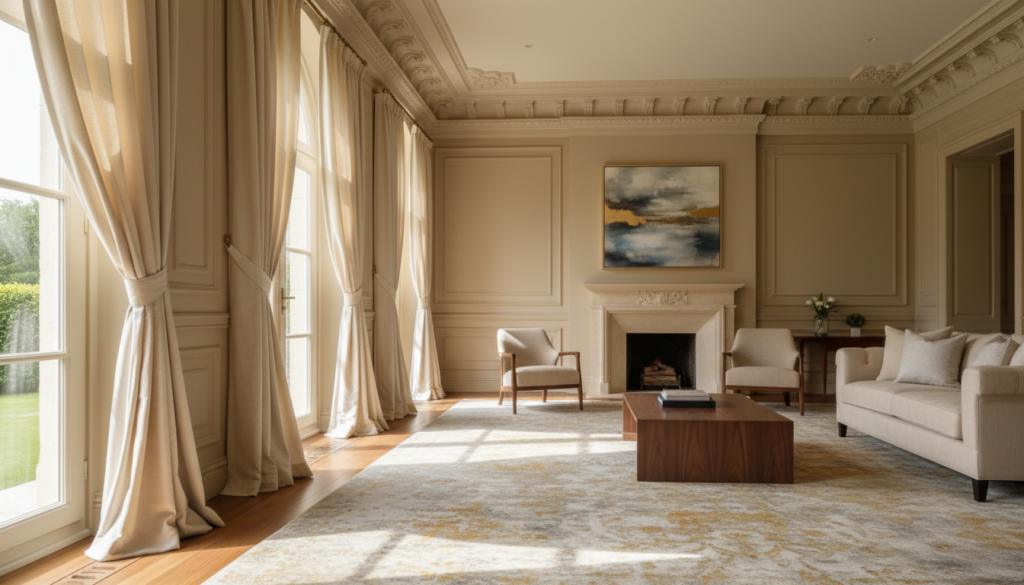 A luxurious living space showcasing elegant window treatments and sophisticated architectural details. In the foreground, beautifully draped silk curtains in a soft, neutral tone frame large, arched windows. The middle ground highlights intricate crown molding and wainscoting, creating a sense of grandeur and depth. A plush, oversized area rug anchors the space, while minimalist furniture pieces made of rich woods offer a refined touch. The background features gently diffused natural light streaming in, casting soft shadows and enhancing the textures. The angle captures the room in a wide shot, conveying a warm, inviting atmosphere ideal for luxury design. The overall mood is serene and opulent, emphasizing the harmony between window treatments and architectural elements.