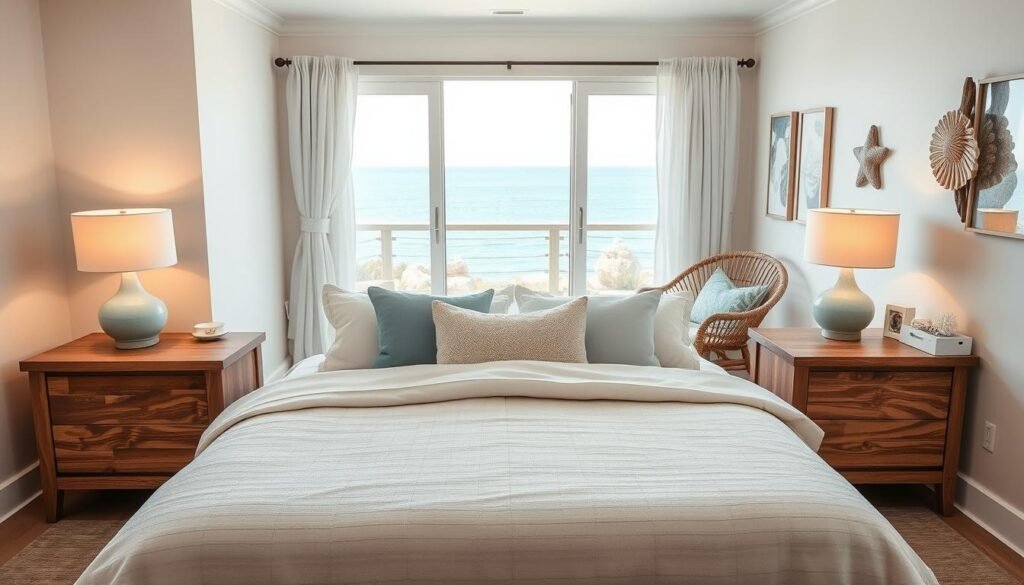 A serene coastal bedroom design featuring soft, natural colors such as pale blues, whites, and sandy beiges. In the foreground, a beautifully made king-size bed with a textured linen bedspread and an array of decorative pillows in oceanic hues. On either side of the bed, rustic wooden nightstands hold modern, minimalist lamps emitting a soft, warm glow. In the middle ground, a cozy reading nook with a rattan armchair and a light, airy window draped with sheer curtains, allowing gentle sunlight to filter in. The background showcases a calming view of the ocean through an open window, with coastal decor accents like seashells and driftwood art. The overall mood is tranquil and inviting, perfect for relaxation. Shot in natural light from a slight angle, emphasizing depth and coziness.
