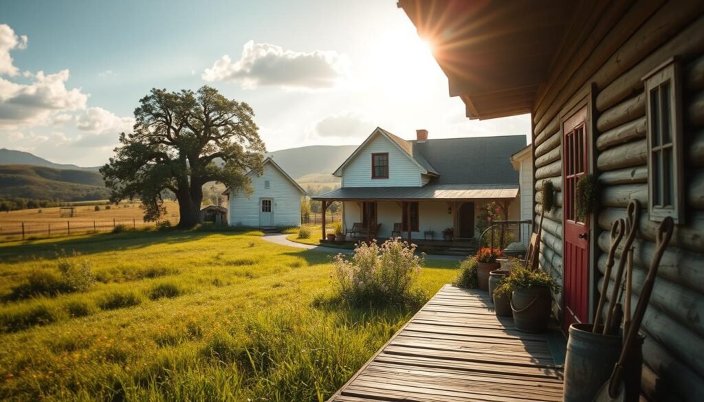 A serene historical farmhouse set in a lush, green landscape, showcasing rustic charm and authenticity. In the foreground, a weathered wooden porch adorned with potted flowers and vintage garden tools invites warmth and coziness. The middle ground features a quaint, two-story farmhouse with a steep gabled roof, white clapboard siding, and a welcoming red door, surrounded by wildflowers and an old oak tree. In the background, rolling hills merge with a sunlit sky, casting gentle rays through soft clouds, creating a tranquil atmosphere. The lighting is soft and warm, evoking nostalgia and comfort. The perspective is slightly angled to emphasize the farmhouse's inviting nature, capturing the essence of timeless farmhouse style roots.