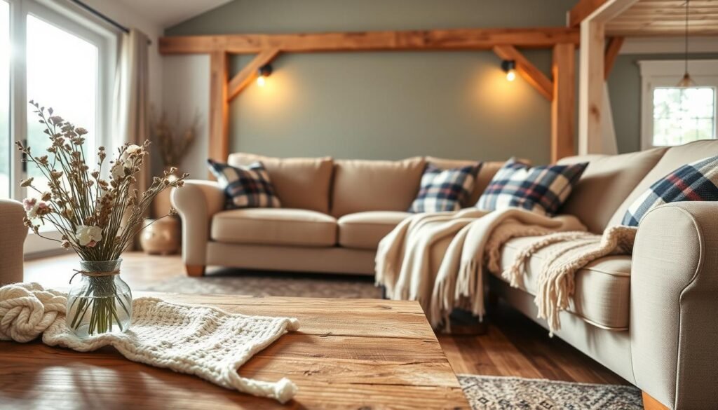 A serene scene showcasing a farmhouse-inspired color palette and textures, featuring a cozy living room setting. In the foreground, a rustic wooden coffee table adorned with a cream-colored knitted throw and a vase of wildflowers. The middle ground displays plush beige sofas with plaid throw pillows and soft woolen blankets, inviting relaxation. Behind the sofas, a feature wall painted in muted sage green, accented with natural wood beams. Warm, ambient lighting casts a golden hue, enhancing the welcoming atmosphere. The background reveals a glimpse of nature through a large window, with sunlight streaming in, creating a tranquil, cozy vibe. The lens captures the scene at a slight angle to emphasize the depth and warmth of the textures and colors. A serene scene showcasing a farmhouse-inspired color palette and textures, featuring a cozy living room setting. In the foreground, a rustic wooden coffee table adorned with a cream-colored knitted throw and a vase of wildflowers. The middle ground displays plush beige sofas with plaid throw pillows and soft woolen blankets, inviting relaxation. Behind the sofas, a feature wall painted in muted sage green, accented with natural wood beams. Warm, ambient lighting casts a golden hue, enhancing the welcoming atmosphere. The background reveals a glimpse of nature through a large window, with sunlight streaming in, creating a tranquil, cozy vibe. The lens captures the scene at a slight angle to emphasize the depth and warmth of the textures and colors.