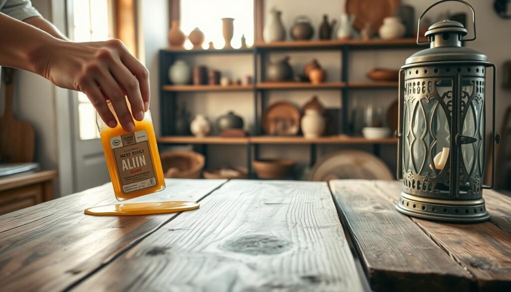 A well-lit rustic farmhouse setting focused on the care of wooden and metal decor items. In the foreground, a pair of hands gently polishing a weathered wooden table with a natural oil, showcasing the rich grain and texture. Next to it, a vintage metal lantern gleams in the soft light, reflecting its intricate designs. In the middle ground, shelves display various farmhouse items like ceramic vases and aged metal tools, emphasizing a cozy, lived-in atmosphere. Soft sunlight filters through a window, creating warm highlights and subtle shadows that add depth to the scene. The overall mood is tranquil and nurturing, capturing the essence of maintaining cherished farmhouse decor in a rustic environment.