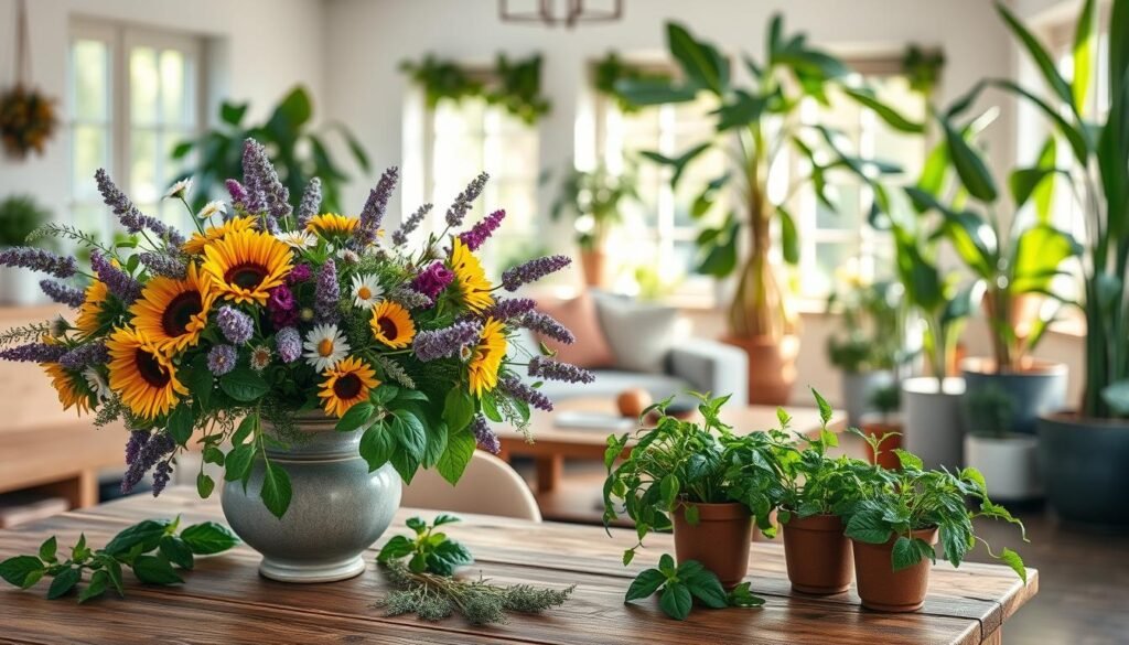 fresh flowers and greenery indoor decor