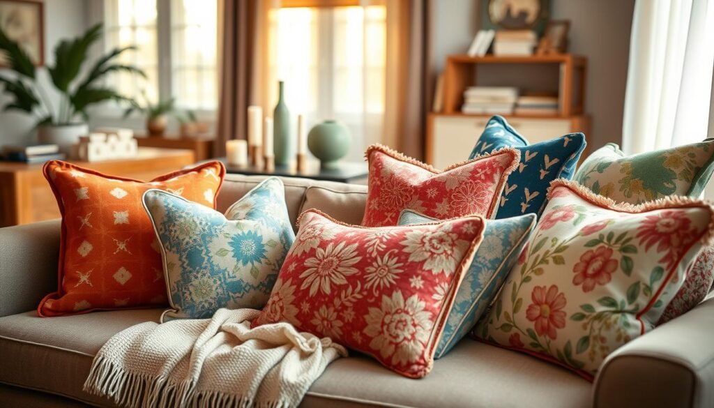 A beautifully arranged collection of decorative throw pillows showcasing various price points and styles. In the foreground, several plush handmade pillows in vibrant colors and patterns, like geometric prints, floral designs, and textured fabrics, are displayed on a stylish couch adorned with a soft throw blanket. The middle ground features a cozy living space with a wooden coffee table, subtle decor accents like candles and books. The background includes a softly lit room with warm sunlight filtering through sheer curtains, creating a welcoming atmosphere. The image captures a sense of comfort and value, with a focus on quality craftsmanship and stylish home decor. Use a warm color palette, soft focus, and a slight vignette to emphasize the inviting mood.