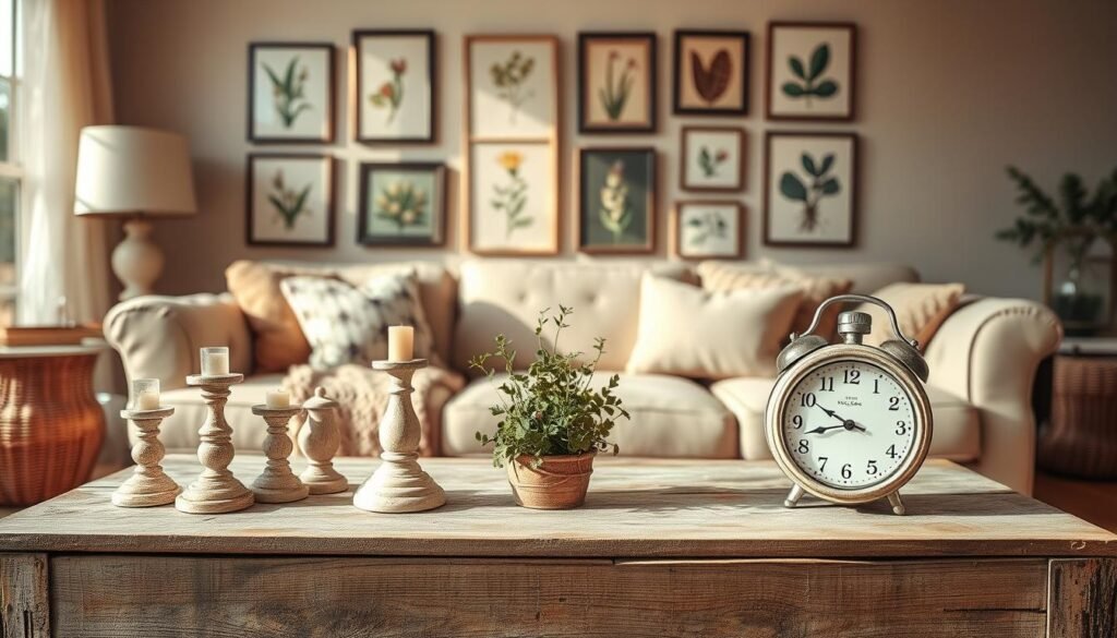 A beautifully arranged collection of farmhouse decor accessories set in a cozy, rustic living room. In the foreground, a weathered wooden coffee table displays a charming mix of vintage-style candle holders, a small potted herb arrangement, and an antique clock with distressed paint. In the middle, a light-colored sectional couch adorned with textured throw pillows and a woven blanket creates an inviting atmosphere. Behind it, a warm, soft-lit wall showcases a gallery of framed botanical prints and a large window with sheer curtains, allowing natural sunlight to filter in. The overall mood is relaxed and homey, evoking the essence of country charm. The scene is captured with a warm color palette, featuring natural light and a shallow depth of field, focusing on the decor while softly blurring the background elements.