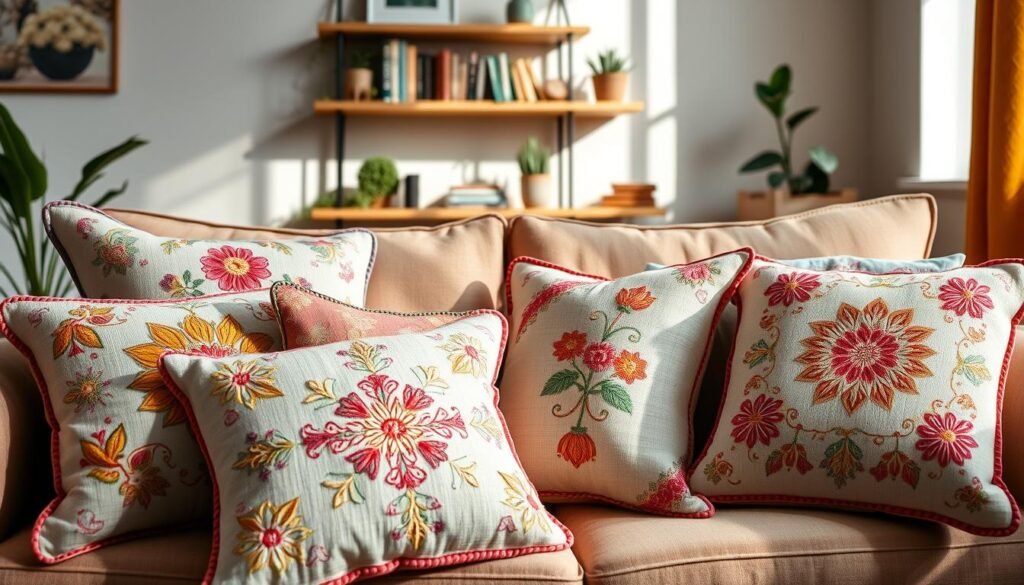 A beautifully arranged collection of hand-embroidered throw pillows displayed prominently in a cozy living room setting. In the foreground, several vibrant pillows with intricate floral and geometric patterns, showcasing delicate stitching and rich textures. The middle ground features a stylish sofa with soft fabric that complements the colors of the pillows, enhancing the homey atmosphere. In the background, a softly lit shelf adorned with decorative books and plants adds depth to the scene. Natural light filters through a nearby window, creating gentle shadows and a warm ambiance. The overall mood is inviting and homely, perfect for illustrating the elegance and charm of handmade decor.