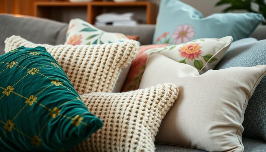 A beautifully arranged display of diverse throw pillows showcasing a variety of patterns and textures. In the foreground, there's a plush velvet pillow in deep emerald green, adorned with gold geometric designs, alongside a knitted cream-colored pillow with a chunky texture. The middle layer features bright, floral-patterned pillows in pastel shades, accompanied by a soft linen pillow in a calming light blue. The background hints at a cozy living room atmosphere with a blurred couch and warm ambient lighting, creating an inviting mood. Use natural light that softly illuminates the fabric textures. The scene is shot from a slight angle to capture depth, emphasizing the variety and beauty of these handmade throw pillows as essential home decor elements.