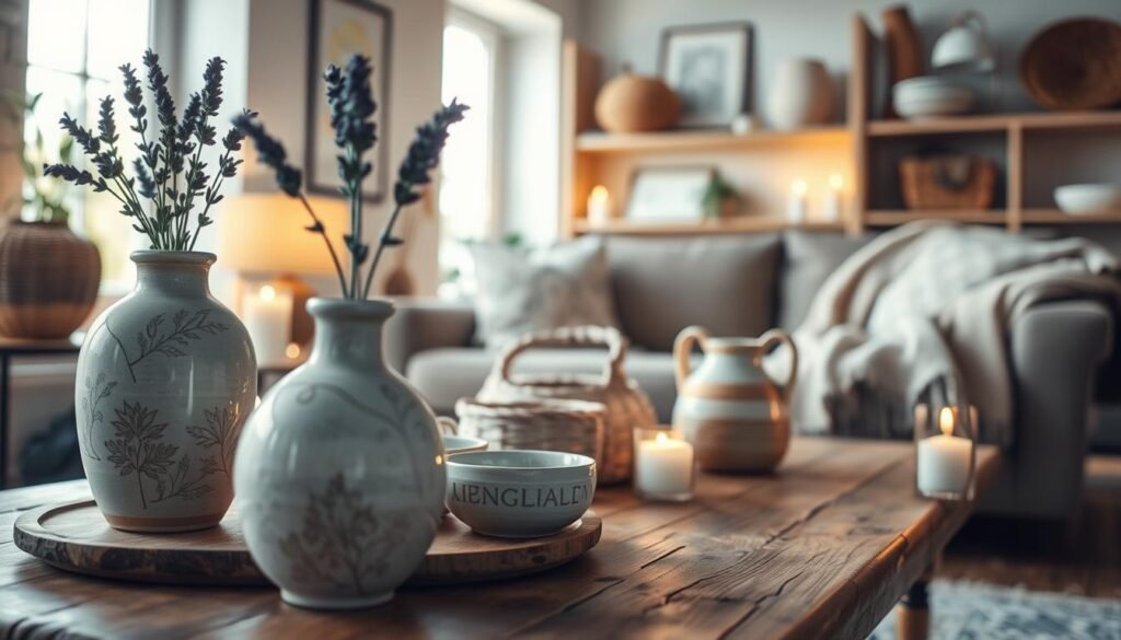A beautifully arranged display of limited edition handmade home accessories, such as ceramic vases, woven baskets, and decorative cushions, positioned on a rustic wooden table. In the foreground, a soft-focus ceramic vase with intricate hand-painted designs holds a small bouquet of lavender. The middle ground features a variety of sale items artfully arranged, with a warm throw blanket draped over a stylish chair, and candle holders casting a gentle glow. The background showcases a softly lit, cozy living space with light wooden shelves displaying additional home decor items. The lighting is warm and inviting, creating a serene atmosphere perfect for inspiring home design. The angle is slightly elevated, capturing the beauty of each item while emphasizing the concept of limited edition quality.