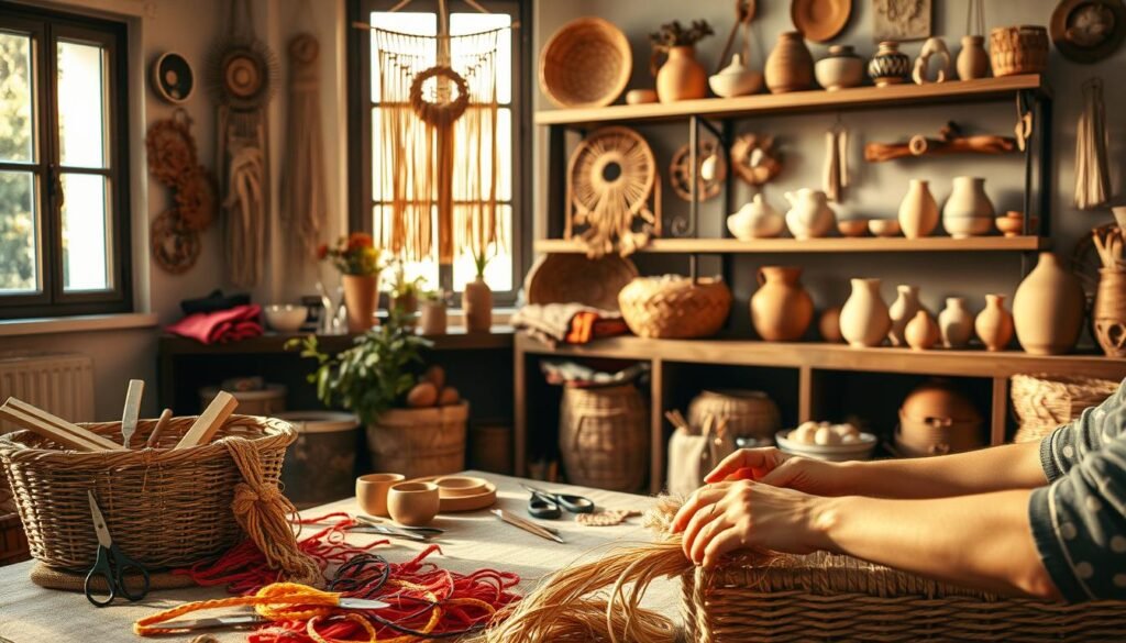 A beautifully arranged workspace showcasing various craft techniques used to create handmade home accessories. In the foreground, a skilled artisan's hands are meticulously weaving natural fibers, with vibrant threads spilling from a nearby basket. The middle ground features an assortment of tools: scissors, handmade pottery, and rolls of fabric, all illuminated by warm, natural light streaming through a large window. In the background, shelves display finished items like woven baskets, macramé wall hangings, and elegant ceramics, each exuding a sense of warmth and creativity. The scene conveys a cozy and inspiring atmosphere, inviting viewers to explore the beauty of craftsmanship. The lens should capture a soft focus with a slight depth of field to enhance the artisanal details.