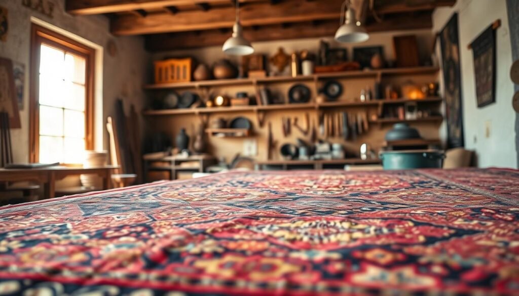 A beautifully crafted heritage rug displayed prominently in the foreground, showcasing intricate patterns in rich, vibrant colors of deep red, gold, and navy blue. Each knot and weave tells a story of traditional craftsmanship, highlighting the meticulous attention to detail. In the middle ground, soft natural lighting filters through a nearby window, casting gentle shadows that enhance the texture of the rug. The background features a cozy artisan workshop with wooden beams and shelves lined with artisan tools, creating a warm and inviting atmosphere. The scene evokes a sense of history and dedication, capturing the essence of handmade craftsmanship. Use a shallow depth of field to focus intently on the rug's details, allowing the surrounding environment to softly blur.