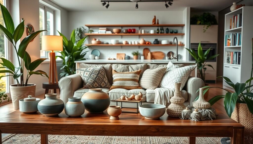 A beautifully curated living space showcasing handmade home accessories that inspire thoughtful design. In the foreground, an elegant wooden coffee table displays artisanal ceramics and woven textiles. The middle ground features a cozy sofa adorned with plush cushions, with a stylish floor lamp casting a warm glow. Lush indoor plants frame the scene, adding a touch of greenery. The background reveals a softly lit, modern kitchen with open shelves showcasing vibrant glassware and charming cookbooks. Natural light filters in through large windows, creating a serene and inviting atmosphere. The overall mood is one of inspiration and comfort, inviting viewers to envision their ideal living space. The composition is shot from a slightly elevated angle, emphasizing the harmonious blend of textures and colors.