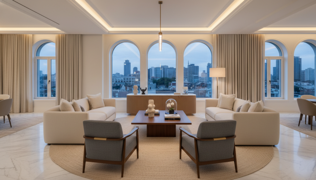 A beautifully designed luxury interior space that emphasizes cohesive design, functionality, and flow. In the foreground, a stylish seating arrangement with plush, neutral-toned sofas surrounded by elegant accent chairs. The middle ground features a polished wooden coffee table adorned with tasteful decorative items, creating an inviting atmosphere. Large windows in the background allow natural light to flood the room, highlighting the sophisticated textures and materials used throughout, such as marble flooring and rich textiles. Soft, ambient lighting adds warmth, while a carefully placed area rug defines the sitting space. The overall feel is both serene and chic, embodying luxury living without clutter, ideal for an upscale residential setting. Capture this scene with a slightly elevated angle to showcase the layout and flow of the interior effectively.