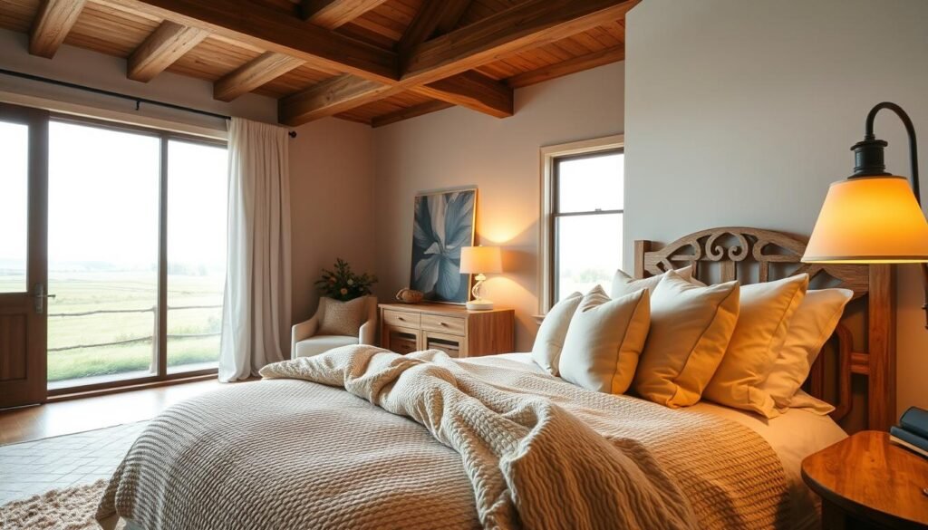 A beautifully designed modern farmhouse bedroom featuring a cozy retreat atmosphere. In the foreground, a plush, textured bed with light beige linens, and an array of soft, oversized pillows. A rustic wooden nightstand holds a stylish lamp emitting warm, gentle light. The middle ground showcases a large window, framed with sheer white curtains, allowing soft natural light to flood the space, highlighting the wooden beams on the ceiling. A soft area rug adds warmth beneath the bed. In the background, a serene view of rolling farmland through the window, with a hint of greenery outside, enhances the tranquility of the scene. The mood is inviting and peaceful, captured from a slightly elevated angle to emphasize the spaciousness and modern touches in the farmhouse design.