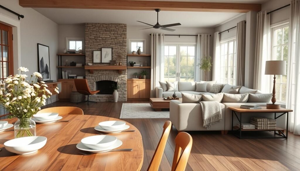 A beautifully designed modern farmhouse interior showcasing key elements of the style. In the foreground, a rustic wooden dining table with elegant white tableware and a vase of fresh wildflowers. In the middle, a cozy living area featuring a large sectional sofa with neutral upholstery, accented by plush pillows and a soft throw blanket. A stacked stone fireplace adds warmth, flanked by open shelves showcasing curated decor. The background reveals large windows framed with sheer curtains, allowing natural sunlight to flood in, illuminating the space with a warm, inviting glow. The overall atmosphere is serene and stylish, combining warmth with modern sophistication, ideal for inspiring interior design enthusiasts. The image features soft focus techniques for an inviting depth, captured from an eye-level angle, enhancing the homely feel.