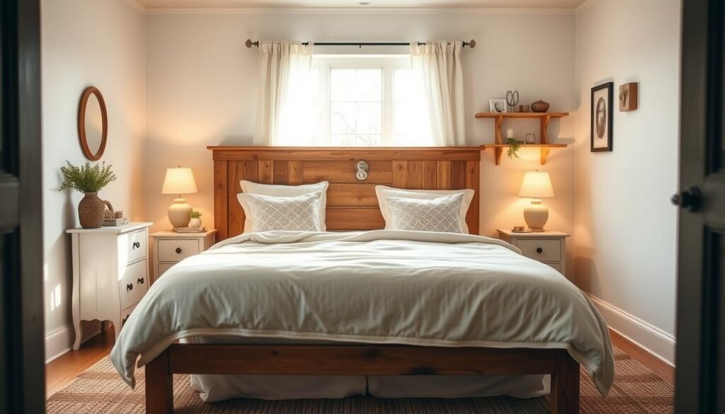 A beautifully designed small farmhouse bedroom that exudes warmth and charm. In the foreground, a cozy, inviting bed with a rustic wooden headboard, adorned with soft, pastel-hued bedding and fluffy pillows sets a welcoming tone. On either side, vintage-style nightstands with softly glowing lamps provide warm, ambient lighting. In the middle ground, a quaint wooden dresser complements the overall decor, while a woven area rug adds texture beneath. In the background, a window framed with sheer curtains allows soft, natural light to flood the room, illuminating the space and creating a serene atmosphere. The walls are painted in a light, calming color with subtle farmhouse accents. The mood is peaceful and relaxing, perfect for a retreat. Capture the scene with a soft focus lens, emphasizing the cozy details.