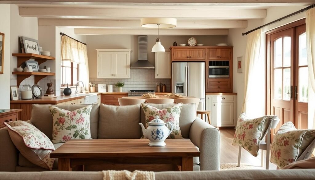 A charming country cottage interior that beautifully merges modern updates with vintage appeal. In the foreground, a cozy, inviting seating area features a plush, contemporary sofa adorned with floral-patterned throw pillows, paired with a rustic wooden coffee table displaying a vintage porcelain teapot. The middle ground showcases a stylish open kitchen with sleek, stainless steel appliances juxtaposed against reclaimed wood cabinetry and retro tiling. In the background, a sun-drenched window framed with sheer curtains allows natural light to pour in, illuminating the soft pastel color palette of the room. The atmosphere is warm and inviting, conveying a sense of tranquility and comfort, perfect for a country cottage. The image captures a harmoniously blended design aesthetic, with a focus on texture and warmth.