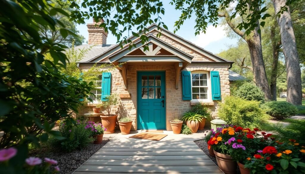 A charming country cottage with a bold, vibrant front door painted in a striking shade of deep teal, surrounded by lush greenery and colorful flower beds. The foreground features a wooden porch adorned with potted plants and a rustic welcome mat. In the middle ground, the cottage's stone façade and quaint window shutters provide a cozy frame around the inviting entryway. In the background, gently swaying trees and a clear blue sky add to the serene atmosphere. Soft, diffused sunlight filters through the leaves, creating dappled shadows on the porch. The scene captures a warm and welcoming mood, ideal for showcasing outdoor charm and inviting details of cottage decor. Use a wide-angle lens to enhance the welcoming perspective and emphasize the enchanting entrance.