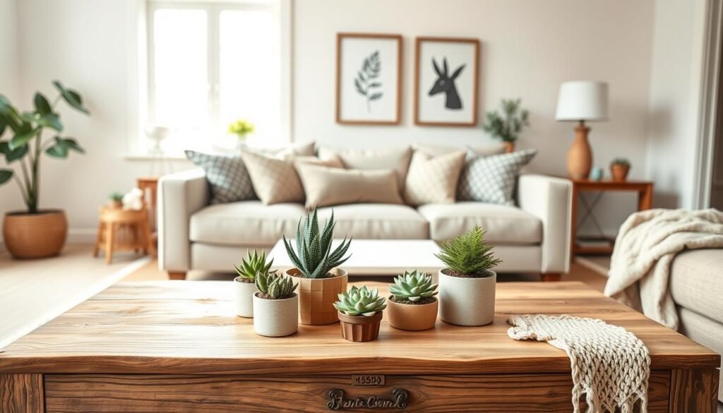 A cozy, budget-friendly farmhouse living room styled with chic decor ideas. In the foreground, a rustic wooden coffee table adorned with potted succulents and a soft, knitted throw. The middle features a comfortable sofa with neutral upholstery, accented by patterned cushions, and a warm area rug. On the wall, simple framed artwork adds character. In the background, a vintage farmhouse-style window lets in soft, natural light, creating a warm and inviting atmosphere. The color palette consists of soft whites, earthy browns, and muted greens. Capture from a slightly elevated angle to showcase the room's layout, emphasizing an overall modern yet cozy farmhouse aesthetic. The lighting should be soft and diffused, enhancing the warm, welcoming mood without any distractions or text.