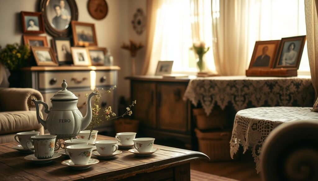 A cozy corner of a country cottage, featuring thrifted antique treasures displayed elegantly. In the foreground, a rustic wooden coffee table holds a vintage teapot, an assortment of delicate china cups, and a small vase of wildflowers. The middle ground showcases an antique dresser adorned with family photos in ornate frames, a worn leather-bound book, and a beautifully patterned lace tablecloth. The background reveals a window draped with light, airy curtains that let soft, warm sunlight flood the room, casting gentle shadows. The atmosphere is inviting and nostalgic, evoking a sense of charm and comfort, perfect for a serene country cottage setting. The scene is captured with a soft-focus lens, enhancing the warmth and tranquil mood.