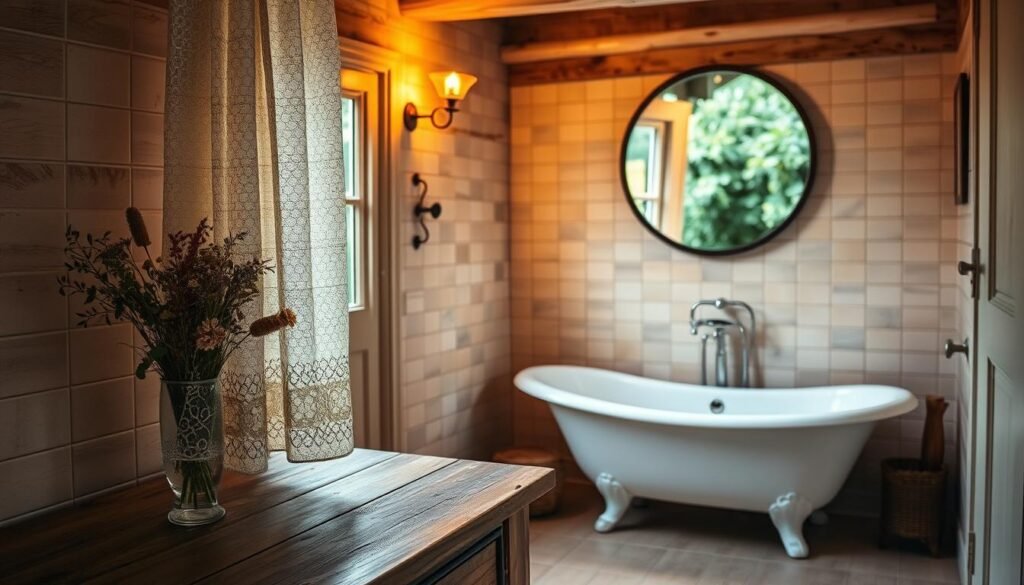 A cozy cottage bathroom exuding rustic warmth, featuring a freestanding clawfoot bathtub draped with a vintage lace curtain. In the foreground, a wooden vanity made from reclaimed timber displays a vase filled with wildflowers. The middle layer showcases tiled walls adorned with soft pastel colors, a large round mirror reflecting warm ambient lighting from a wrought-iron sconce. In the background, a small window reveals a view of a lush garden, allowing natural light to pour in, creating a serene atmosphere. The scene is captured with a soft focus lens, highlighting the inviting textures of natural materials and the earthy tones that evoke a sense of tranquility and charm.