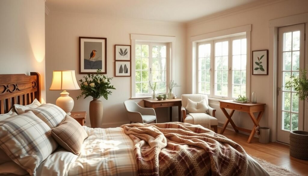 A cozy farmhouse bedroom with rustic decor inspiration. In the foreground, a beautifully made queen-sized bed adorned with soft, muted plaid and linen bedding. A vintage wooden nightstand holds a charming ceramic lamp, casting warm, inviting light. In the middle, a comfy armchair with a knitted throw sits next to a small wooden desk adorned with greenery. The walls are painted in a warm cream, with framed nature prints adding an artistic touch. In the background, large windows allow natural light to flood the space, showcasing a serene view of lush greenery outside. The atmosphere feels tranquil and inviting, perfect for relaxation. Shot in soft focus, with a warm color palette, evoke a sense of comfort and retreat.