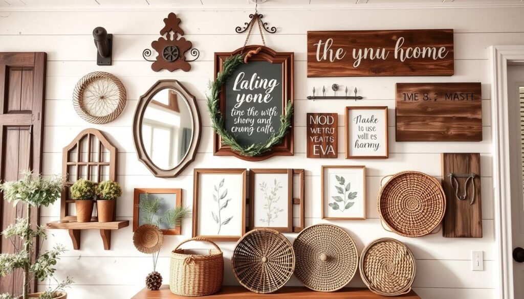 A cozy farmhouse wall decorated with creative elements that embody country charm. Foreground features an assortment of artful wall decor, including rustic wooden shiplap panels, elegant vintage mirrors, and handcrafted wooden signs with inspirational quotes. The middle ground showcases a mix of framed botanical prints and woven baskets, blending seamlessly into the decor. The background features a soft, neutral color palette with natural light streaming in from a nearby window, illuminating the decor with warm, inviting tones. The atmosphere is tranquil and homey, evoking a sense of warmth and comfort associated with country living. Camera angle is slightly elevated to capture the depth of the wall decor, focusing on textures and details, without any distractions or text elements.