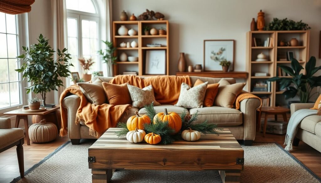 A cozy living room featuring seasonal home designs, showcasing a blend of autumnal and winter styles. In the foreground, a handcrafted wooden coffee table adorned with decorative pumpkins and evergreen arrangements. The middle ground highlights a plush sofa covered in warm-colored throw blankets and pillows, arranged around the table. A corner bookshelf displays handmade accessories like ceramic vases and seasonal artwork. In the background, large windows allow soft, diffused natural light to filter in, illuminating the space. The atmosphere is inviting and inspiring, perfect for a seasonal celebration. Use a warm color palette to emphasize comfort, and incorporate indoor plants for a touch of freshness. The image should be captured at eye level with a shallow depth of field to keep the focus on the beautifully curated space.