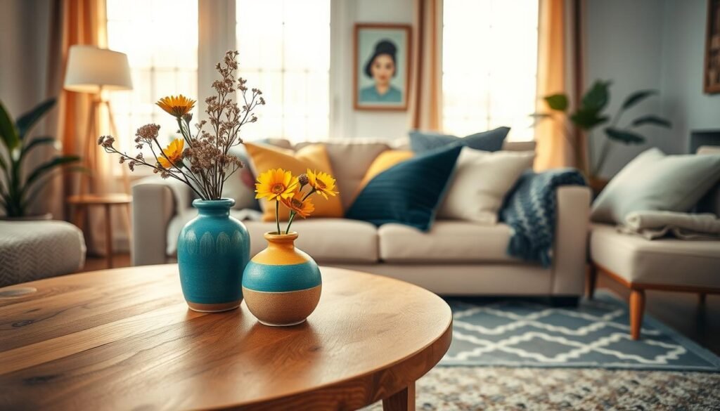 A cozy living room scene, showcasing a harmonious blend of color and materials. In the foreground, a beautifully crafted wooden coffee table adorned with handmade ceramic vases in vibrant hues of teal and mustard, filled with fresh flowers. The middle section features a plush sofa draped with multicolored throw pillows in contrasting textures like knit and velvet, alongside a geometric patterned rug. The background reveals a softly lit room with large windows allowing warm natural light to filter through light sheer curtains, casting gentle shadows. The atmosphere is inviting and inspiring, perfect for demonstrating modern home decor integration. Use a warm color palette and a slight depth-of-field effect to focus on the decor, captured with a soft lens effect for a dreamy ambiance.