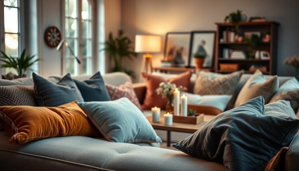 A cozy living room scene showcasing an inviting arrangement of handmade throw pillows in various fabrics and patterns. In the foreground, a plush sofa is adorned with a mix of colorful pillows in soft textures like cotton, velvet, and linen, creating a warm and welcoming feel. The middle ground features a stylish coffee table, accented with a few decorative items, such as candles and a small vase of fresh flowers, enhancing the atmosphere. The background includes a softly lit lamp illuminating the space with a gentle glow, casting warm shadows on the walls. The room is framed by large windows that allow natural light to filter in, highlighting the cozy ambience. The overall mood is relaxed and inviting, perfect for enjoying leisurely moments at home.