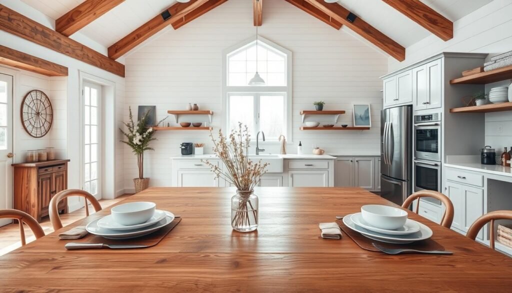 A cozy modern farmhouse kitchen showcasing a blend of rustic and contemporary design elements. In the foreground, a large wooden farmhouse table set with simple, elegant dinnerware and a vase of fresh wildflowers. In the middle, an open layout with white shiplap walls, exposed wooden beams, and a classic apron sink beneath a wide window, allowing natural light to fill the space. The kitchen features sleek, stainless steel appliances and cabinetry that combines both open shelving and closed storage for a practical yet stylish feel. In the background, soft, warm lighting highlights the textures of the materials used, creating a welcoming atmosphere. The scene captures the essence of modern farmhouse elegance and functionality, perfect for inspiring interior design ideas.