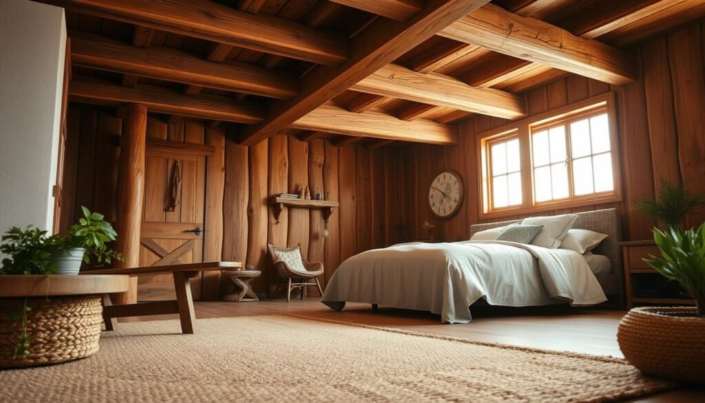 A cozy rustic farmhouse interior featuring warm, rich wood beams overhead, highlighting their natural imperfections and textures. The foreground displays a softly textured woven rug in earth tones, accompanied by a handcrafted wooden table adorned with greenery. In the middle ground, a charming bed dressed in organic linen, layered with plush throw pillows, invites relaxation. The backdrop reveals a sun-kissed window with light streaming in, casting gentle shadows, enhancing the warmth of the wooden beams. The atmosphere is serene and inviting, evoking a sense of peace and connection with nature. Shoot from a low angle to emphasize the beams, using soft diffused lighting to create a tranquil and welcoming mood.