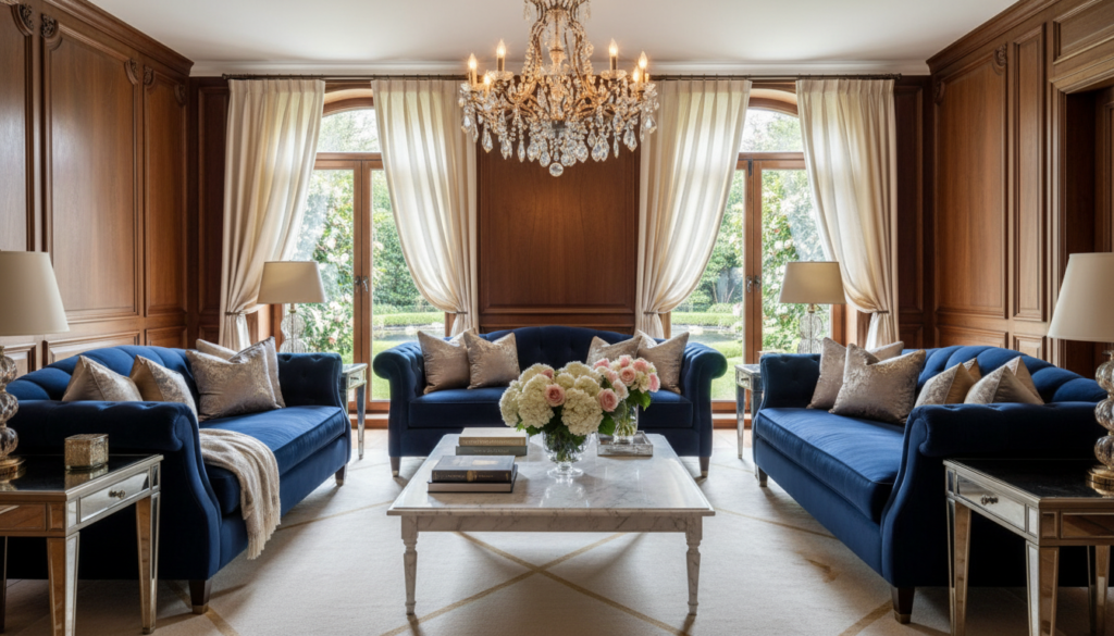 A luxurious interior design scene showcasing an elegant living room, featuring plush velvet sofas in deep jewel tones, accented by gold and silver decorative elements. In the foreground, a sleek marble coffee table holds artfully arranged fresh flowers and sophisticated decor books. The middle ground displays a sophisticated chandelier with soft, warm lighting casting a cozy glow. Rich wooden panels and intricate moldings grace the background, while large windows reveal a serene, landscaped garden outside, softened by sheer drapes that flutter gently. The overall atmosphere embodies a calming opulence, inviting a sense of tranquility and refined taste. The scene captures the essence of luxury interior philosophy, emphasizing comfort, beauty, and meticulous attention to detail.