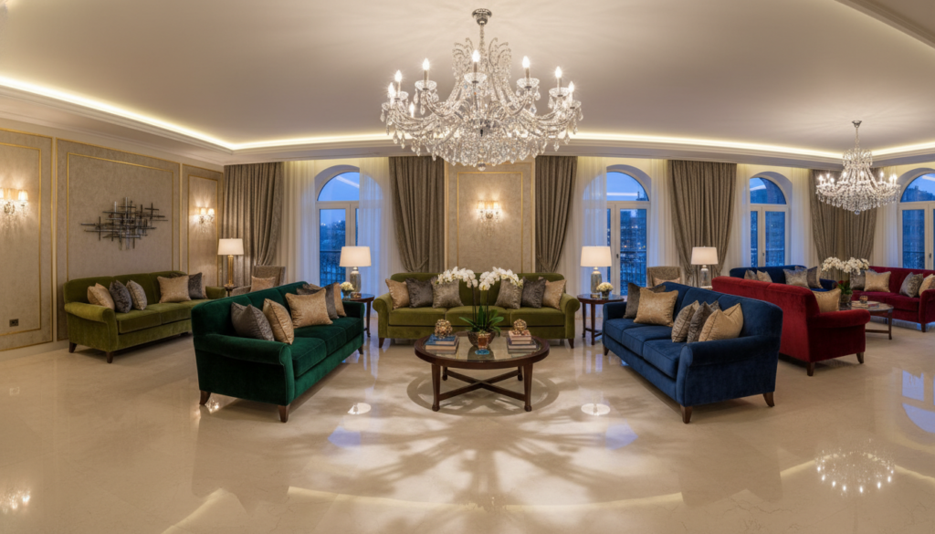 A luxurious interior space featuring elegant lighting design, showcasing a blend of soft, ambient light and striking accent colors. In the foreground, a beautifully crafted chandelier with crystal details hangs centrally, casting intricate shadows and highlights on the polished marble floors. In the middle, plush furniture in rich, opulent fabrics creates a warm, inviting atmosphere, with pillows in a variety of textures complementing the overall color palette. The background reveals textured walls adorned with subtle, artistic accents, illuminated by strategically placed wall sconces that enhance the sophisticated look. The overall mood is calm and lavish, evoking a sense of comfort and elegance, captured with a wide-angle lens to showcase the entire space effortlessly.