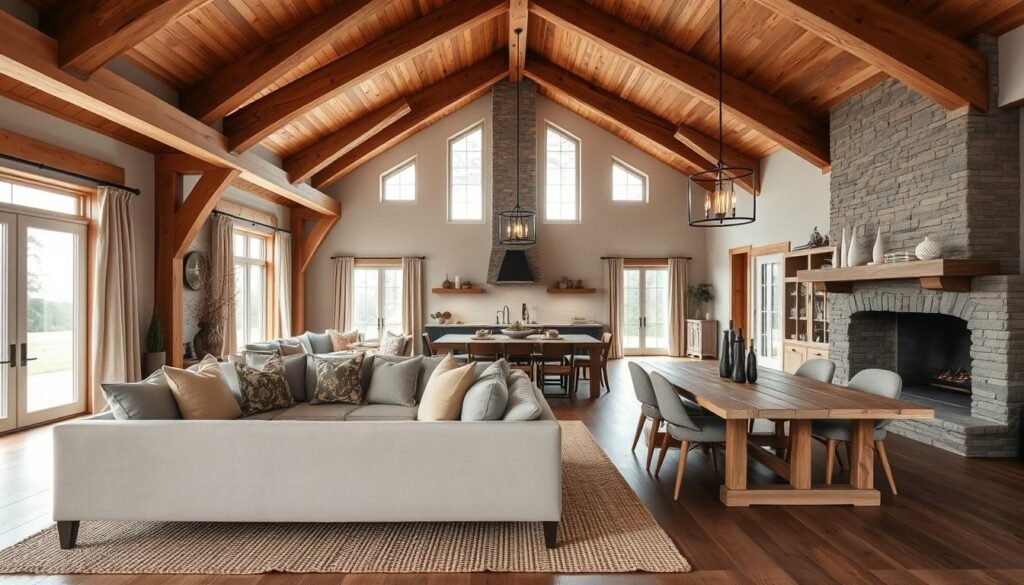 A modern farmhouse interior showcasing key design principles, featuring a spacious, open-concept living area adorned with natural wood beams and a cozy stone fireplace. In the foreground, a plush, neutral-colored sectional sofa sits atop a woven jute rug, accented by earthy-toned throw pillows. The middle ground includes a large farmhouse dining table with a reclaimed wood finish, surrounded by mismatched chairs for a casual yet chic look. Rustic pendant lights hang from high ceilings, illuminating the room with warm, soft light. The background reveals large windows allowing abundant natural light, framed by simple linen curtains. The atmosphere is inviting and serene, embodying modern farmhouse elegance with a hint of contemporary styling.