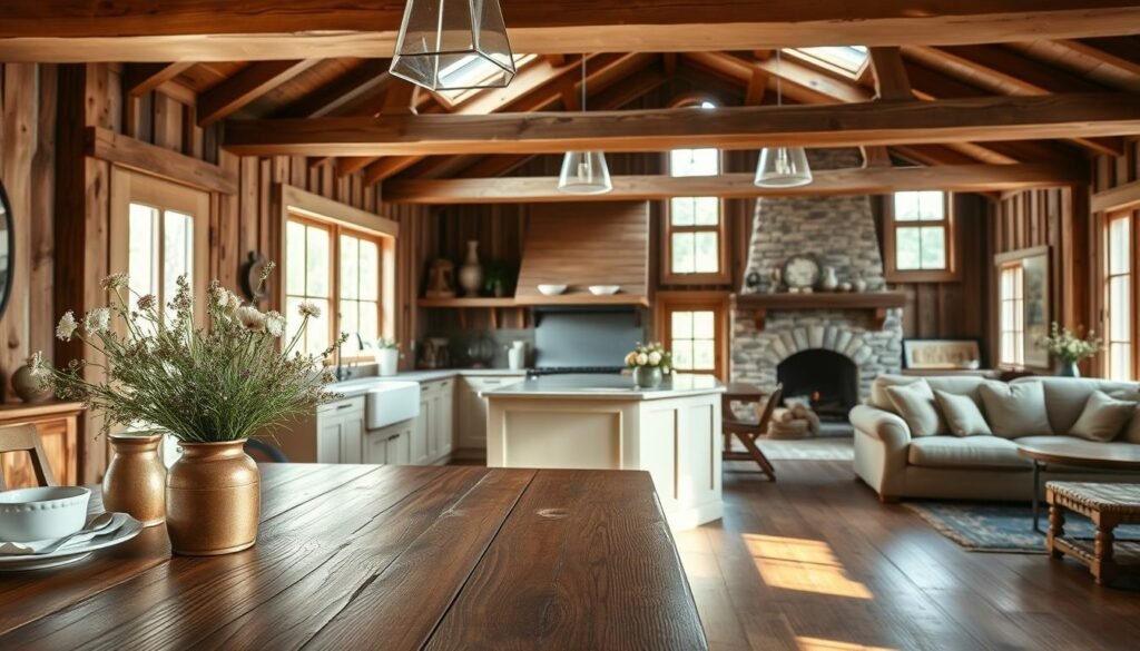 A picturesque farmhouse interior showcasing the origins of farmhouse design. In the foreground, a rustic wooden dining table adorned with vintage ceramic dishware and a vase of wildflowers, reflecting a warm, welcoming atmosphere. The middle features an open kitchen with exposed wooden beams, a classic farmhouse sink, and a large cooking island. Soft, natural light pours in through large windows, casting gentle shadows that highlight weathered barnwood walls. In the background, a cozy living space is visible, featuring a stone fireplace and plush seating, all enveloped in earthy tones. The scene captures a blend of tradition and modern comfort, evoking nostalgia and warmth, with a serene, inviting ambiance. The viewpoint is slightly elevated, offering a wide-angle perspective for a comprehensive view.