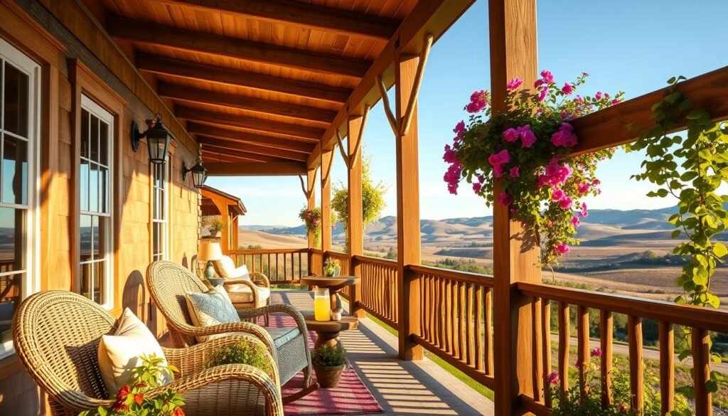 A picturesque farmhouse porch adorned with natural elements, featuring rustic wooden beams and a cozy seating area with plush cushions. In the foreground, an inviting wicker rocking chair surrounded by potted plants and a small wooden table with a pitcher of lemonade, all bathed in warm afternoon sunlight. The middle ground showcases a charming wooden railing draped with climbing vines and colorful blooms, harmonizing with the earthy tones of the porch. In the background, a serene landscape unfolds, with gently rolling hills and a clear blue sky. The overall mood is peaceful and welcoming, evoking the essence of country living. Soft lens focus with warm, golden hour lighting to enhance the tranquil atmosphere.