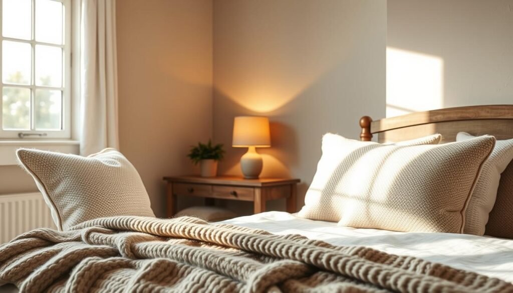 A serene farmhouse bedroom interior, featuring a neutral color palette for the walls, showcasing soft beige, warm gray, and muted white tones. In the foreground, a cozy bed adorned with textured cream and taupe pillows, draped with a chunky knit throw. The middle ground includes a rustic wooden nightstand with a small potted plant and a warm-toned lamp casting gentle light. In the background, a window allows natural diffused sunlight to illuminate the room, highlighting the subtle variations in the wall color. The atmosphere is inviting and soothing, creating a peaceful retreat vibe, with soft shadows enhancing the overall warmth and tranquility of the space. The lens captures this scene from a slight angle, emphasizing depth and warmth without any text or distractions.