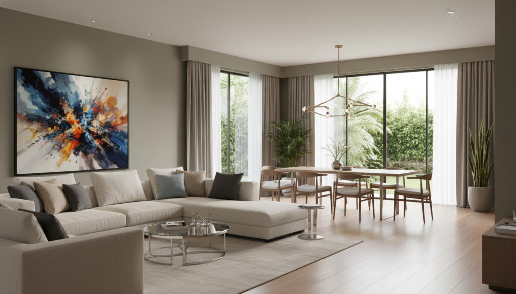 A sleek, modern luxury interior featuring an open-concept living area. In the foreground, a plush, cream-colored sectional sofa adorned with decorative pillows faces a stylish coffee table made of glass and polished metal. A striking piece of abstract art hangs on the wall behind, adding a pop of color. In the middle ground, large floor-to-ceiling windows flood the space with natural light, showcasing lush green landscaping outside. A contemporary, minimalist dining area with elegant wood chairs and a chic chandelier is visible. The background features muted earthy tones, with a polished hardwood floor and tasteful indoor plants, creating a serene atmosphere. The mood is sophisticated and welcoming, perfect for showcasing modern luxury and contemporary design trends. Use soft, diffused lighting for an inviting ambiance, captured from a slightly elevated angle for depth.