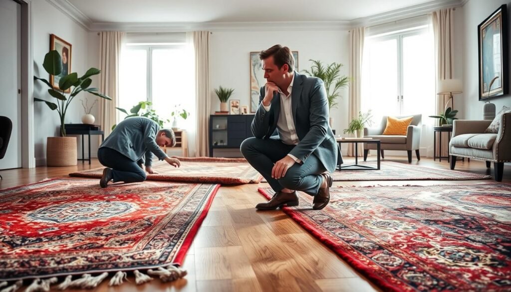 A stylish living room filled with natural light, showcasing a person in professional casual attire thoughtfully selecting a perfect handmade area rug for home decor. In the foreground, the individual is examining vibrant rugs with intricate patterns and textures, kneeling beside a beautiful selection. The middle ground features more rugs displayed elegantly on a polished wooden floor, surrounded by elegant furniture and decorative accents. In the background, soft light filters in through large windows, creating a warm and inviting atmosphere, with plants and art pieces subtly enhancing the aesthetic. The image should capture the essence of sophistication and comfort, conveying a sense of thoughtful decision-making and style in home decor.