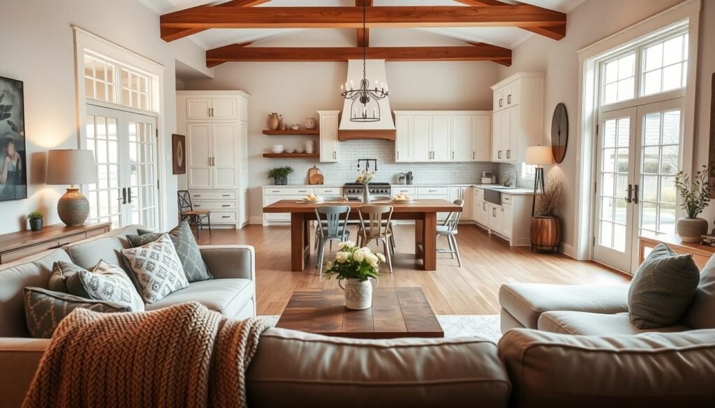 A stylish modern farmhouse interior featuring a bright open living space with a mix of rustic and contemporary decor. In the foreground, a cozy seating area with a plush, neutral-toned sofa adorned with patterned throw pillows and a chunky knit blanket. A wooden coffee table displays a vase of fresh flowers. In the middle, a large, reclaimed wood dining table with mismatched chairs exudes warmth, surrounded by large windows that allow natural light to flood the space. The background showcases a farmhouse-style kitchen with white cabinets, open shelving displaying country-style dishware, and a large farmhouse sink. Soft, warm lighting creates a welcoming atmosphere. Capture the scene from a slightly elevated angle to show the layout and decor harmoniously blending together, evoking a sense of charm and tranquility.