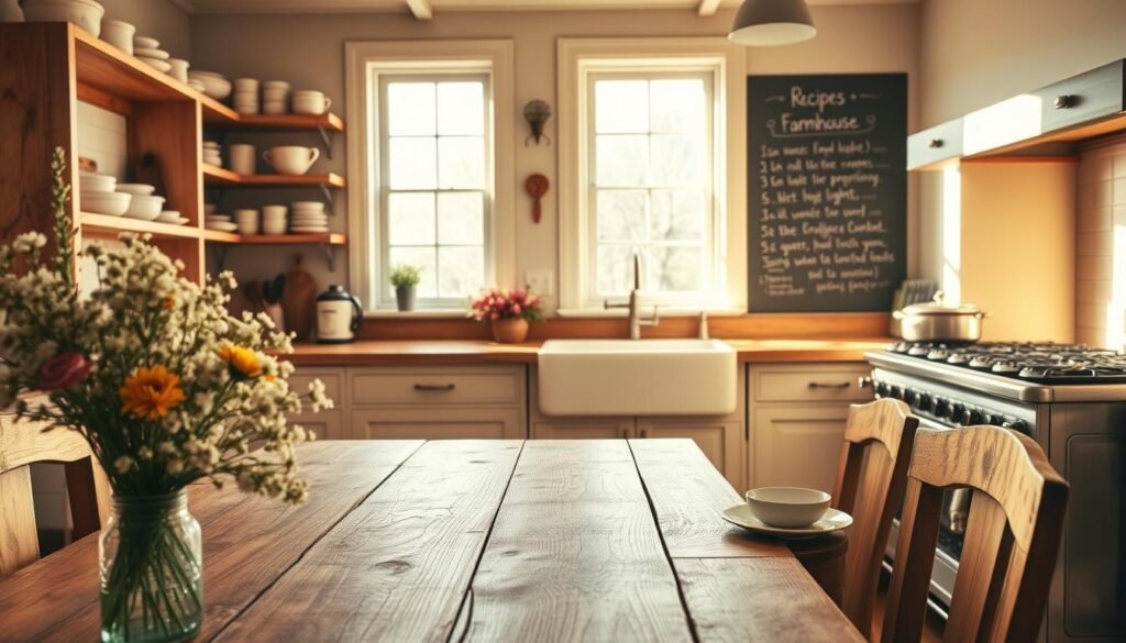 A warm and inviting farmhouse kitchen, featuring a rustic wooden dining table set for a cozy meal. In the foreground, a vase of fresh wildflowers adds a splash of color. The middle ground showcases open shelves lined with vintage dishware and canisters, while a large farmhouse sink sits beneath a window, allowing soft natural light to filter through, highlighting the warm wood tones. The background includes a classic stove and a chalkboard wall with handwritten recipes, creating a lived-in atmosphere. The scene is bathed in soft, golden sunlight, evoking a feeling of comfort and homeliness. This image captures the essence of cozy farmhouse aesthetics, perfect for inspiring decor ideas.