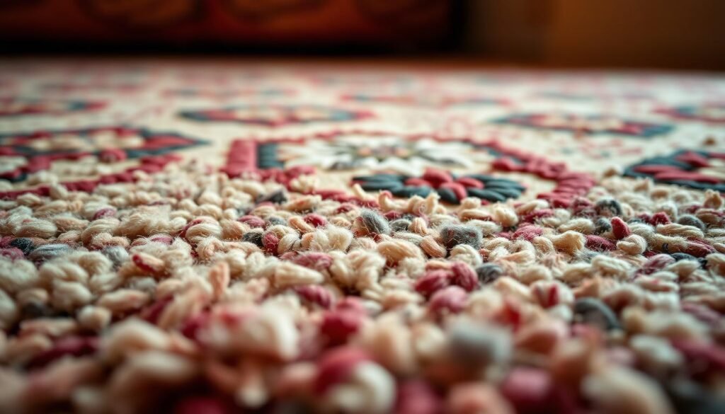 Close-up view of a richly textured wool rug showcasing intricate patterns and detailed knots. The foreground highlights the soft, plush fibers of the rug, revealing a vibrant blend of colors like deep reds, gentle blues, and earthy greens. The middle ground focuses on the craftsmanship, displaying a unique geometric design interspersed with floral motifs, all creating a harmonious balance. The background features a subtle, softly blurred ambiance, enhancing the rug's textures without distraction. The lighting is warm and inviting, casting gentle shadows that accentuate the rug's depth. The image conveys a sense of warmth, comfort, and artisanal quality, ideal for appreciating the beauty of handmade area rugs.