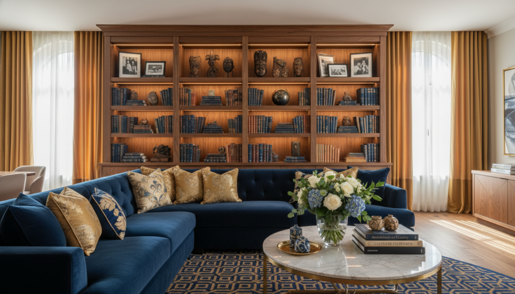 Luxurious interior design featuring a beautifully customized living room. In the foreground, a plush, elegantly upholstered sofa adorned with decorative throw pillows in rich fabrics. The middle ground showcases a stylish coffee table made of marble, adorned with artful decor pieces like a glass vase filled with fresh flowers and a tasteful stack of design books. The backdrop reveals a tastefully curated wooden bookshelf filled with personal mementos and art pieces, creating a cozy atmosphere. Soft, warm lighting filters through large windows draped with elegant curtains, casting gentle shadows. The color palette includes deep blues and gold accents, evoking sophistication and comfort. Capture a wide-angle perspective to showcase the spaciousness and warmth of this luxurious yet personalized space, reflecting the essence of customization in luxury design.
