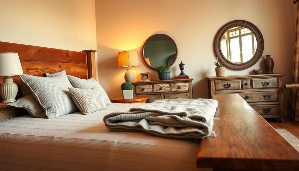 A beautifully arranged bedroom featuring reclaimed wood furniture, exuding a rustic farmhouse charm. In the foreground, a sturdy, handcrafted reclaimed wood bed with a cozy, textured duvet and matching decorative pillows. Beside the bed, a vintage nightstand made from distressed wood, holding a simple ceramic lamp and a small potted plant. In the middle ground, a wooden dresser with an antique finish, topped with a round mirror reflecting the warm, natural light coming from a nearby window. The background reveals a soft, neutral-colored wall adorned with subtle rustic accents. The lighting is soft and warm, creating a serene atmosphere, captured from a slightly elevated angle with a wide lens to enhance the inviting ambiance of the room. A beautifully arranged bedroom featuring reclaimed wood furniture, exuding a rustic farmhouse charm. In the foreground, a sturdy, handcrafted reclaimed wood bed with a cozy, textured duvet and matching decorative pillows. Beside the bed, a vintage nightstand made from distressed wood, holding a simple ceramic lamp and a small potted plant. In the middle ground, a wooden dresser with an antique finish, topped with a round mirror reflecting the warm, natural light coming from a nearby window. The background reveals a soft, neutral-colored wall adorned with subtle rustic accents. The lighting is soft and warm, creating a serene atmosphere, captured from a slightly elevated angle with a wide lens to enhance the inviting ambiance of the room.