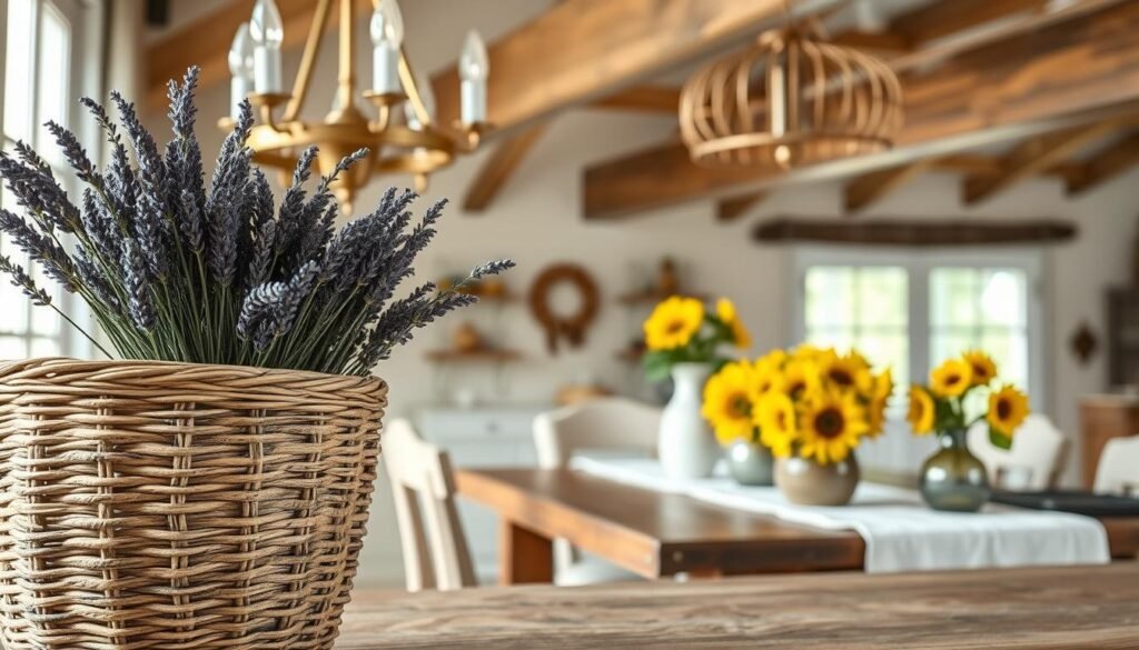 A beautifully arranged collection of iconic French country farmhouse decor items. In the foreground, an elegant woven basket filled with dried lavender sits next to a vintage-style brass chandelier with soft light cascading down. The middle ground features a rustic wooden table adorned with a distressed white table runner and a cluster of antique vases filled with sunflowers. The background reveals a softly lit, charming farmhouse interior with exposed wooden beams and neutral-toned walls, creating a warm, inviting atmosphere. Soft natural lighting enhances the texture of the decor items, evoking a sense of tranquility and rustic elegance. The angle captures the essence of a cozy, decorated room, enticing viewers to imagine the beauty of farmhouse living.