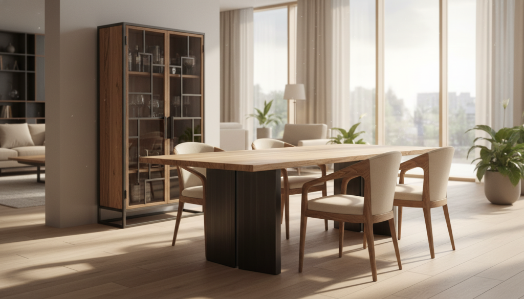 A beautifully arranged display of bespoke furniture made from sustainable wood and metal finishes. In the foreground, a sleek, polished wooden table with organic grain patterns and a matte, brushed metal frame. Adjacent, elegantly designed chairs boasting soft upholstery and delicate wood armrests, showcasing the rich texture of reclaimed wood. The middle ground features a stylish cabinet with intricate metal accents, emphasizing craftsmanship. In the background, a softly lit modern interior with large windows allowing natural light to stream in, creating a warm and inviting atmosphere. The setting should radiate luxury and sustainability, showcasing the harmony between nature and modern design. Use soft, diffused lighting to enhance textures, and a wide-angle lens to capture the entirety of the scene, invoking a sense of refined elegance and conscientious living.