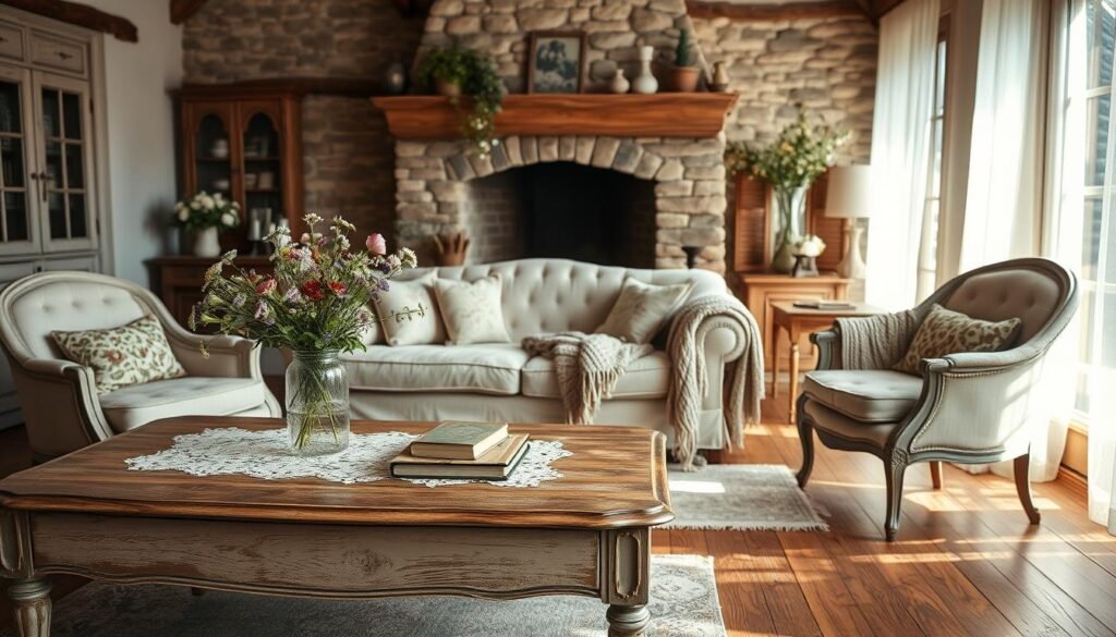 A beautifully arranged vintage living room, showcasing French country farmhouse decor. In the foreground, a refined, distressed wooden coffee table adorned with a delicate lace tablecloth, a vase of fresh wildflowers, and a few vintage books. In the middle, a comfortable, overstuffed sofa upholstered in soft, muted floral fabric, flanked by two elegant, antique armchairs. A cozy knit throw is draped over one chair. The background reveals a rustic stone fireplace with an ornate mantle, softly illuminated by warm, ambient lighting. Light filters through sheer curtains, casting gentle, dappled shadows on the vintage wooden floor. The atmosphere is inviting and serene, perfect for embracing vintage charm and tranquility.