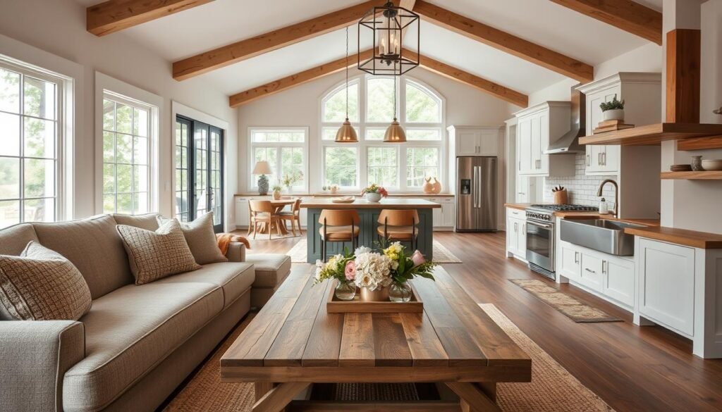 A beautifully designed modern farmhouse interior showcasing a harmonious blend of rustic charm and contemporary elegance. In the foreground, a cozy living area features a large, inviting sectional sofa adorned with textured cushions, a reclaimed wood coffee table topped with fresh flowers, and a warm throw blanket. The middle section displays an open kitchen with white cabinetry, stainless steel appliances, and a large farmhouse sink, complemented by rustic light fixtures. The background reveals large windows allowing natural light to flood the space, with lush greenery visible outside. The overall atmosphere is warm and welcoming, with soft, ambient lighting creating an inviting mood. Capture this scene from a slightly elevated angle to emphasize the layout and design elements. No people are present in the image.