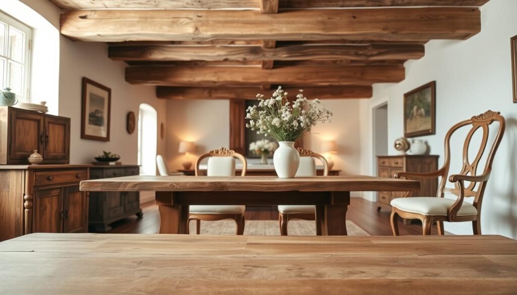 A beautifully styled French country cottage interior showcasing a harmonious blend of rustic and refined wood accents. In the foreground, a handcrafted farmhouse table made of distressed oak, adorned with a simple bouquet of wildflowers in a ceramic vase. The middle ground features elegantly designed wooden chairs with soft, inviting upholstery, giving a refined touch. The background highlights vintage wooden beams across the ceiling, complemented by warm, soft lighting that creates an inviting and cozy atmosphere. A textured wool rug sits under the table, enhancing the rustic charm. The color palette includes earthy tones and soft pastels, conveying a sense of warmth and tranquility, perfect for a simple yet elegant home decor theme.