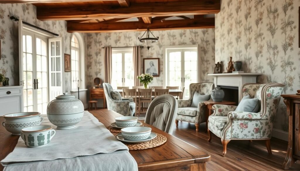 A beautifully styled French country farmhouse interior showcasing a harmonious blend of textures and patterns. In the foreground, a rustic wooden dining table adorned with a soft linen tablecloth, layered with patterned ceramic dishware and a textured woven placemat. The middle ground features a cozy seating area with plush armchairs in varying floral and striped prints, complemented by a patterned throw blanket. In the background, light streams through large windows, illuminating patterned wallpaper featuring delicate botanical designs, and rustic wooden beams. The atmosphere is inviting and warm, evoking a sense of comfort and elegance, with a soft focus and natural lighting that enhances the textures. Capture the essence of unique design in home decor, emphasizing the beauty of mixing fabrics and patterns seamlessly.