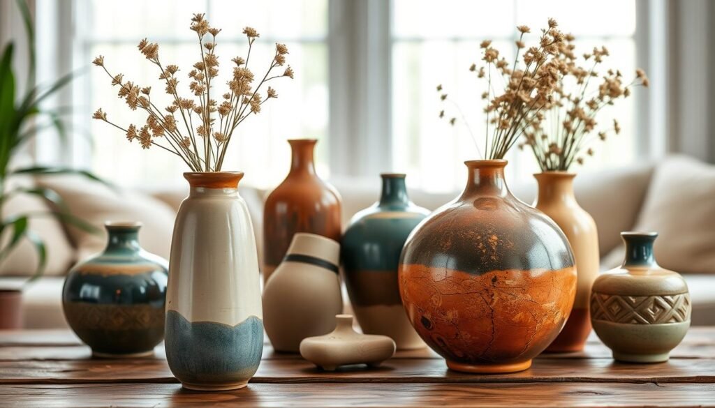 A beautifully styled collection of handcrafted ceramic vases arranged artistically on a rustic wooden table. The vases vary in shape and color, showcasing earthy tones of terracotta, cream, and deep blue glazes. In the foreground, focus on a tall, slender vase adorned with intricate patterns, next to a round, textured one filled with dried wildflowers. In the middle ground, include more vases of different heights, creating visual interest and depth. In the background, soft, diffused natural light pours in through a window, enhancing the warm, inviting atmosphere of a cozy living space. The overall mood should evoke inspiration and elegance, perfect for home design enthusiasts.